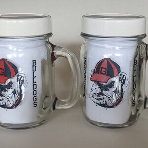Vintage 1980s University Georgia Bulldogs UGA Glass Mason Jar Mugs w Lids Rare
